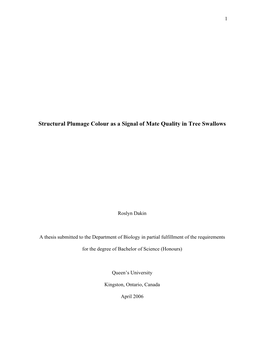 Structural Plumage Colour As a Signal of Mate Quality in Tree Swallows