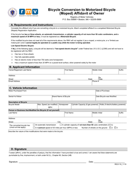 Bicycle Conversion to Motorized Bicycle (Moped) Affidavit of Owner Registry of Motor Vehicles P.O