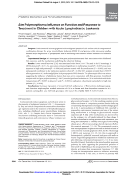 Bim Polymorphisms: Inﬂuence on Function and Response to Treatment in Children with Acute Lymphoblastic Leukemia