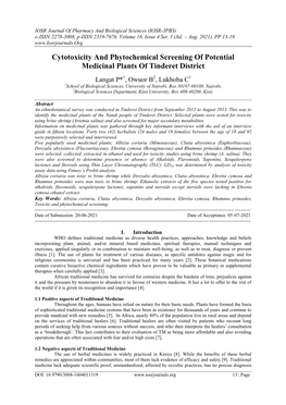 Cytotoxicity and Phytochemical Screenining of Potential Medicinal