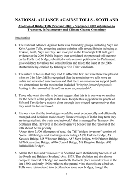 SCOTLAND Abolition of Bridge Tolls (Scotland) Bill - September 2007 Submission to Transport, Infrastructure and Climate Change Committee