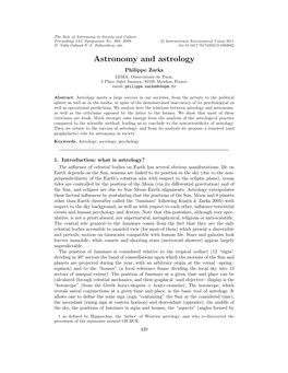 Astronomy and Astrology Philippe Zarka LESIA, Observatoire De Paris, 5 Place Jules Janssen, 92195 Meudon, France Email: Philippe.Zarka@Obspm.Fr