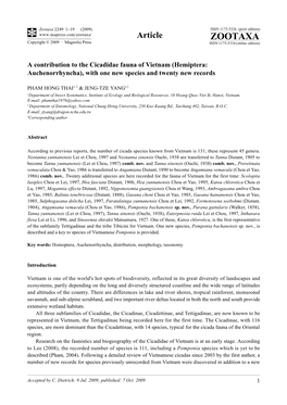 Zootaxa, a Contribution to the Cicadidae Fauna