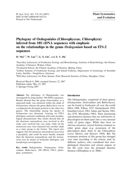 Phylogeny of Oedogoniales (Chlorophyceae, Chlorophyta) Inferred from 18S Rdna Sequences with Emphasis on the Relationships in Th