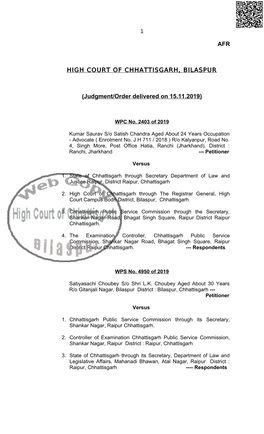 AFR HIGH COURT of CHHATTISGARH, BILASPUR (Judgment/Order Delivered on 15.11.2019)