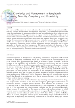 Flood Knowledge and Management in Bangladesh: Increasing Diversity, Complexity and Uncertainty Brian R