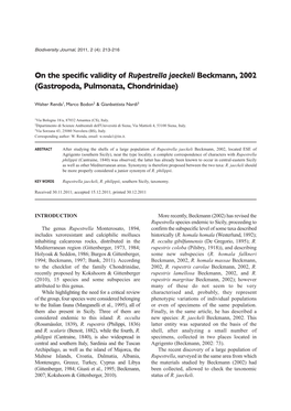 On the Specific Validity of Rupestrella Jaeckeli Beckmann, 2002 (Gastropoda, Pulmonata, Chondrinidae)