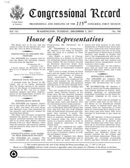 Congressional Record United States Th of America PROCEEDINGS and DEBATES of the 115 CONGRESS, FIRST SESSION