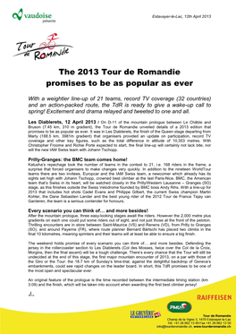 The 2013 Tour De Romandie Promises to Be As Popular As Ever