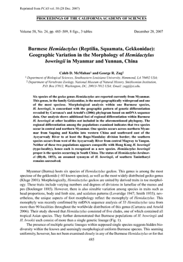 Burmese Hemidactylus (Reptilia, Squamata, Gekkonidae): Geographic Variation in the Morphology Oi Hemidactylus Bowringii in Myanmar and Yunnan, China