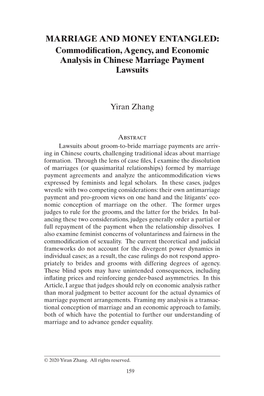 MARRIAGE and MONEY ENTANGLED: Commodification, Agency, and Economic Analysis in Chinese Marriage Payment Lawsuits