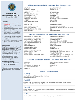 SVRA GROUP 7 Description and Class List