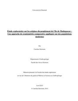 Étude Exploratoire Sur Les Origines Du Peuplement De L'île De