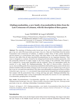 Gladiopycnodontidae, a New Family of Pycnodontiform Fishes from the Late Cretaceous of Lebanon, with the Description of Three Genera