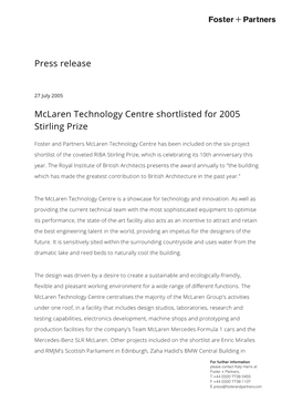 Press Release Mclaren Technology Centre Shortlisted for 2005 Stirling Prize