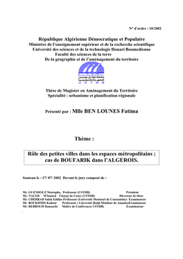 Rôle Des Petites Villes Dans Les Espaces Métropolitains ; Cas De Boufarik Dans L'algérois