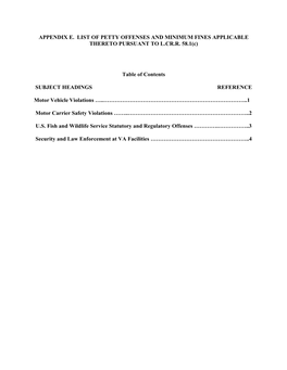 APPENDIX E. LIST of PETTY OFFENSES and MINIMUM FINES APPLICABLE THERETO PURSUANT to L.CR.R. 58.1(C) Table of Contents SUBJECT H