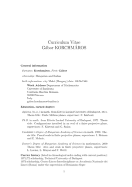 Curriculum Vitae Gábor KORCHM´AROS