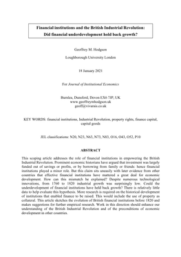 Financial Institutions and the British Industrial Revolution: Did Financial Underdevelopment Hold Back Growth?