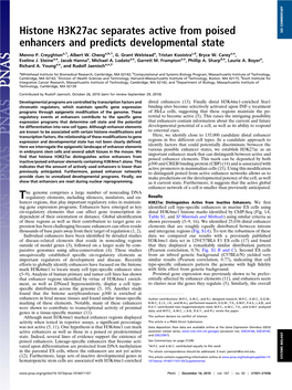 Histone H3k27ac Separates Active from Poised Enhancers and Predicts Developmental State