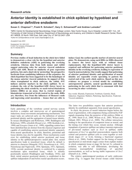 Anterior Identity Is Established in Chick Epiblast by Hypoblast and Anterior Deﬁnitive Endoderm Susan C