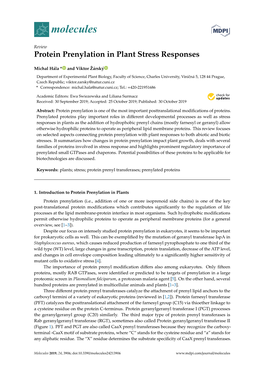 Protein Prenylation in Plant Stress Responses