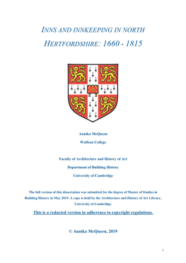 Inns and Innkeeping in North Hertfordshire: 1660