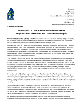 Minneapolis DID Shares Roundtable Summary from Hospitality Zone Assessment for Downtown Minneapolis