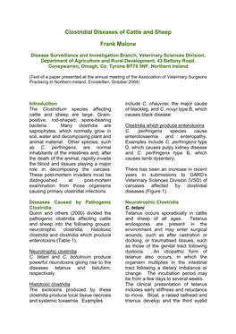 Clostridial Diseases of Cattle and Sheep Frank Malone
