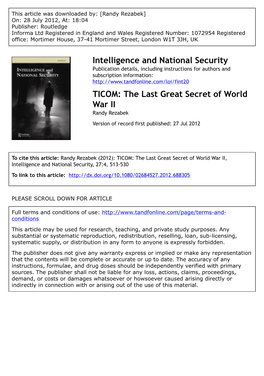TICOM: the Last Great Secret of World War II Randy Rezabek Version of Record First Published: 27 Jul 2012