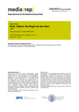 Keck, Sabine: Die Regie Hat Das Wort 1989