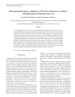 Decapod Phylogeny: Addition of Fossil Evidence to a Robust Morphological Cladistic Data Set