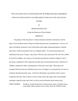 Two Analyses and an Annotated List of Works for Solo Trombone with Electroacoustic Accompaniment for Use in the Collegiate Studi