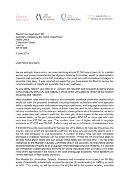 National Academies Presidents Letter to Sajid Javid on the £30,000 Salary