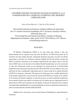 Contribución Del Estado De Zacatecas (México) a La Conservación De La Riqueza Florística Del Desierto Chihuahuense