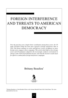 Foreign Interference and Threats to American Democracy