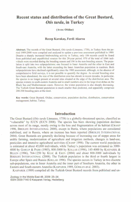 Recent Status and Distribution of the Great Bustard, Otis Turdu, in Turkey