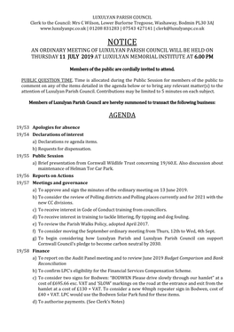 Agenda Below Or to Bring Any Relevant Matter(S) to the Attention of Luxulyan Parish Council