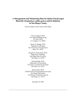 A Management and Monitoring Plan for Quino Checkerspot Butterfly (Euphydryas Editha Quino) and Its Habitats in San Diego County