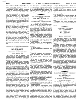 CONGRESSIONAL RECORD— Extensions of Remarks E492 HON. DAVID YOUNG HON. SHEILA JACKSON LEE HON. PETE OLSON HON. DAVID YOUNG