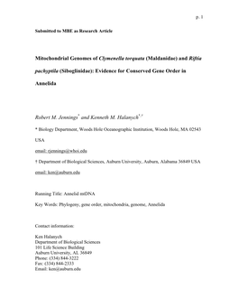 Mitochondrial Genomes of Clymenella Torquata (Maldanidae) and Riftia Pachyptila (Siboglinidae): Evidence for Conserved Gene Order In