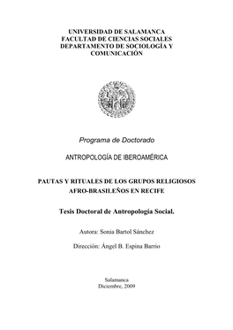 Pautas Y Rituales De Los Grupos Religiosos Afro-Brasileños En Recife