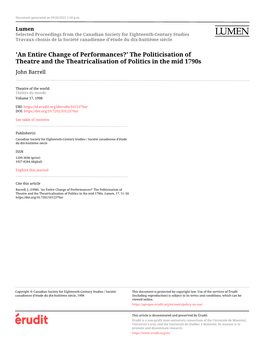 'An Entire Change of Performances?' the Politicisation of Theatre and the Theatricalisation of Politics in the Mid 1790S John Barrell