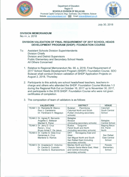 Department of Education Region III SCHOOLS DIVISION of BULACAN July 30, 2018 DIVISION MEMORANDUM