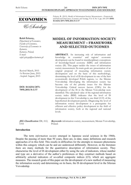 Model of Information Society Measurement – Framework and Selected Outcomes, Economics and Sociology, Vol