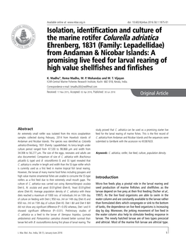 Isolation, Identification and Culture of the Marine Rotifer Colurella Adriatica