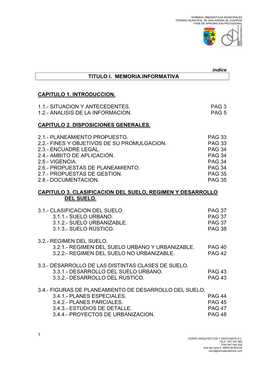 Titulo I. Memoria.Informativa Capitulo 1. Introduccion. 1.1.- Situacion Y Antecedentes. Pag 3 1.2.- Analisis De La Informacion