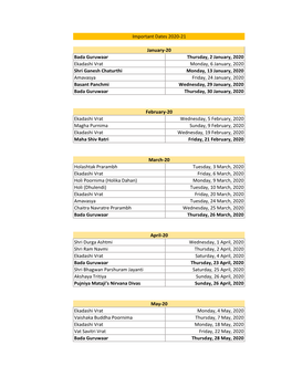 Download Important Dates 2020-2021 in Pdf Format