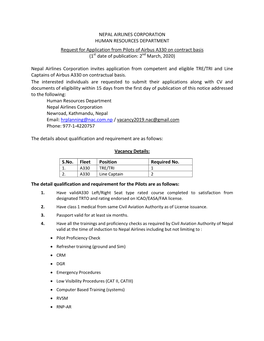 NEPAL AIRLINES CORPORATION HUMAN RESOURCES DEPARTMENT Request for Application from Pilots of Airbus A330 on Contract Basis (1St