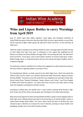 Wine and Liquor Bottles to Carry Warnings from April 2019